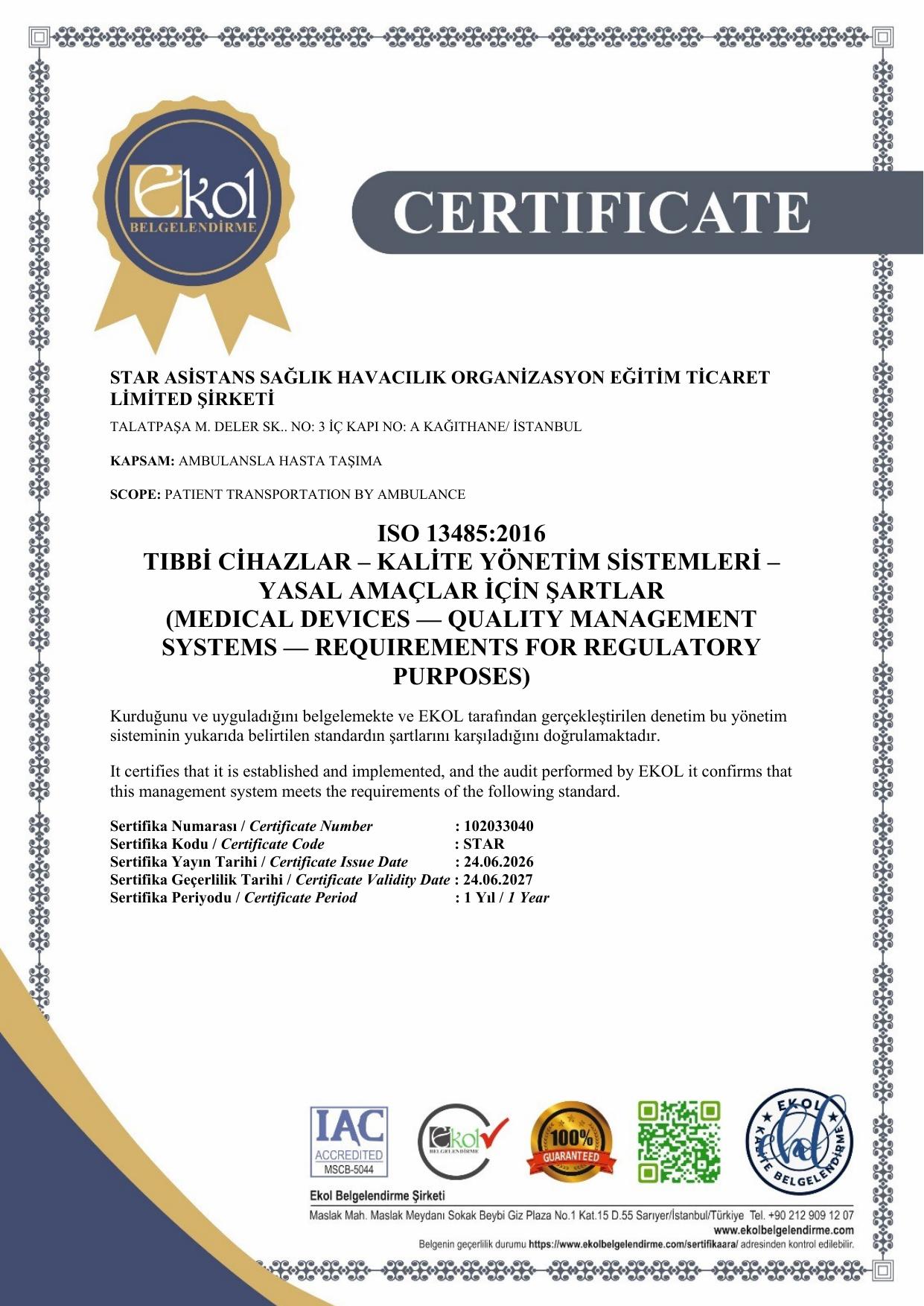 ISO 13485:2016 Tıbbi Cihazlar Kalite Yönetim Sistemi