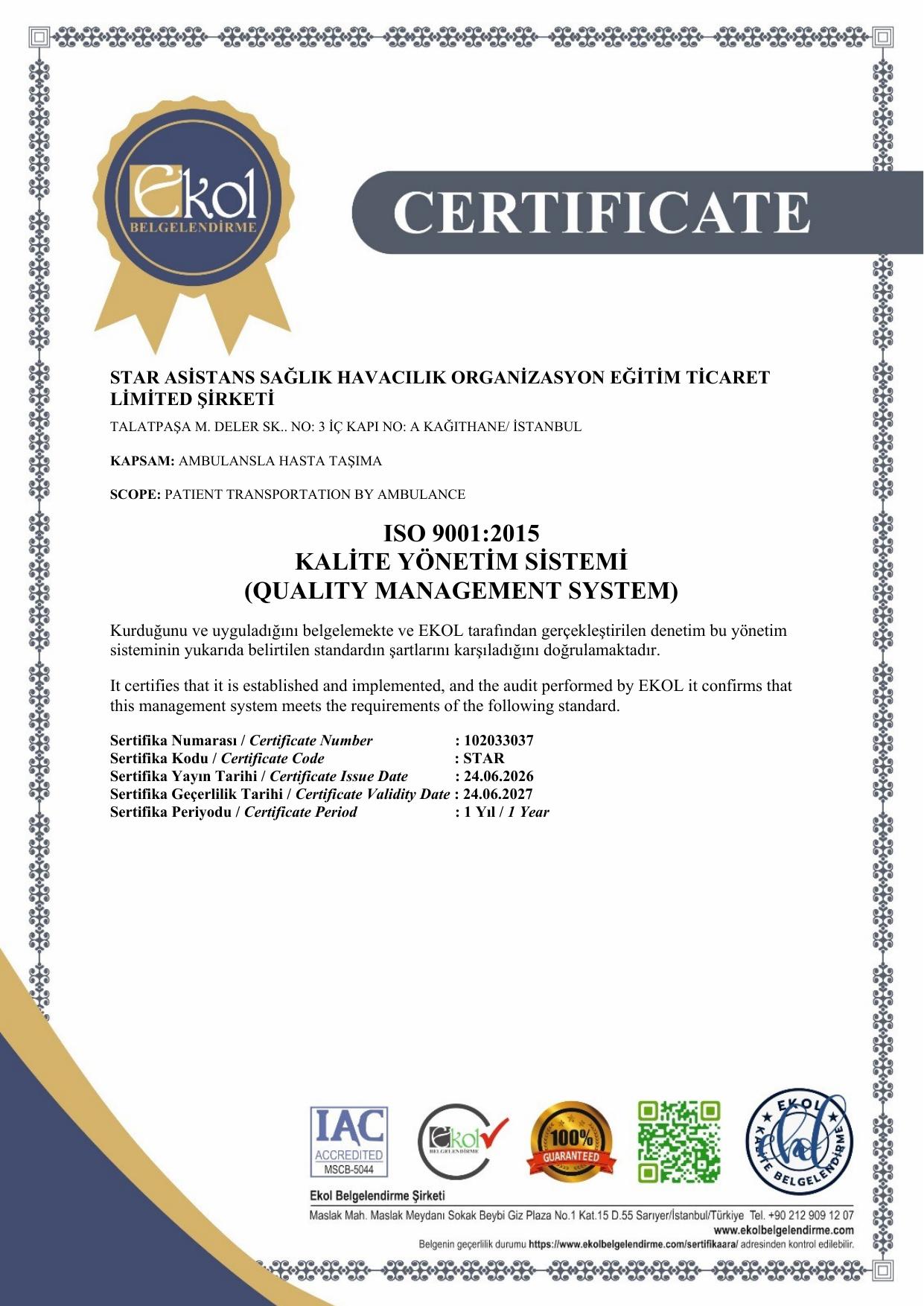 ISO 9001:2015 Kalite Yönetim Sistemi
